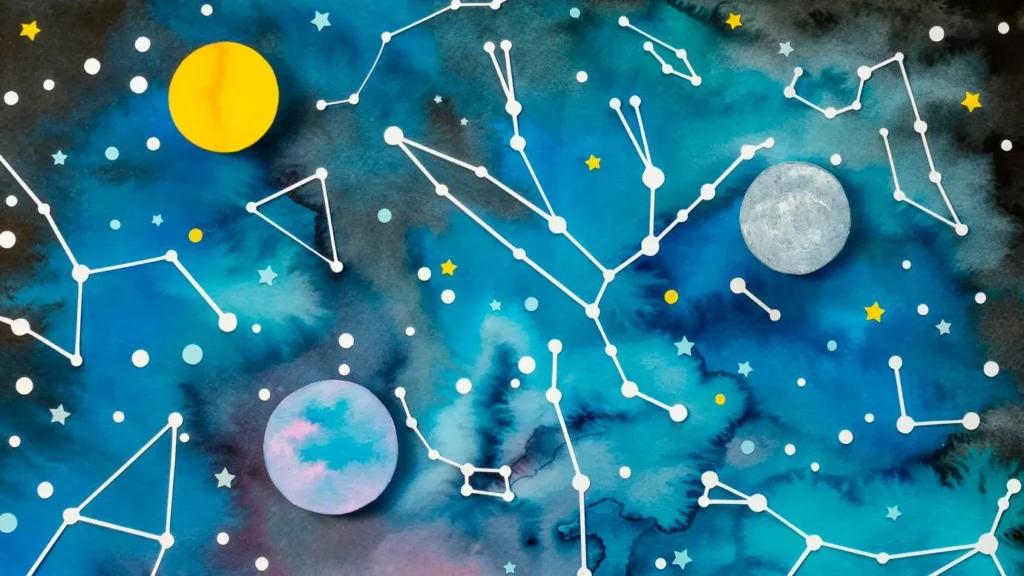 Ilustrație a unui cer de noapte înstelat cu constelații și trei corpuri cerești pe un fundal albastru de acuarelă, surprinzând astrologia și destinul scris în modelele astrelor.