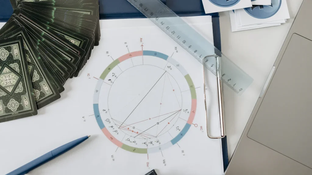 Un birou cu o diagramă astrologică, Hărții Natale, un pix, o riglă și un laptop indică o sesiune de Interpretarea sau un ghid practic în munca de astrologie.