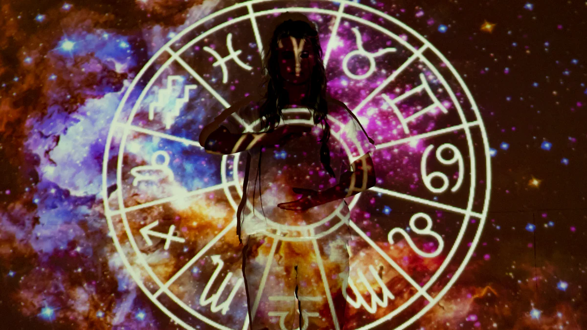 Siluetă a unei persoane stând pe un fundal cosmic, cu o hartă astrologică proiectată pe ea, prezentând simboluri zodiacale, nebuloase și planete care reflectă emoțiile și personalitatea.
