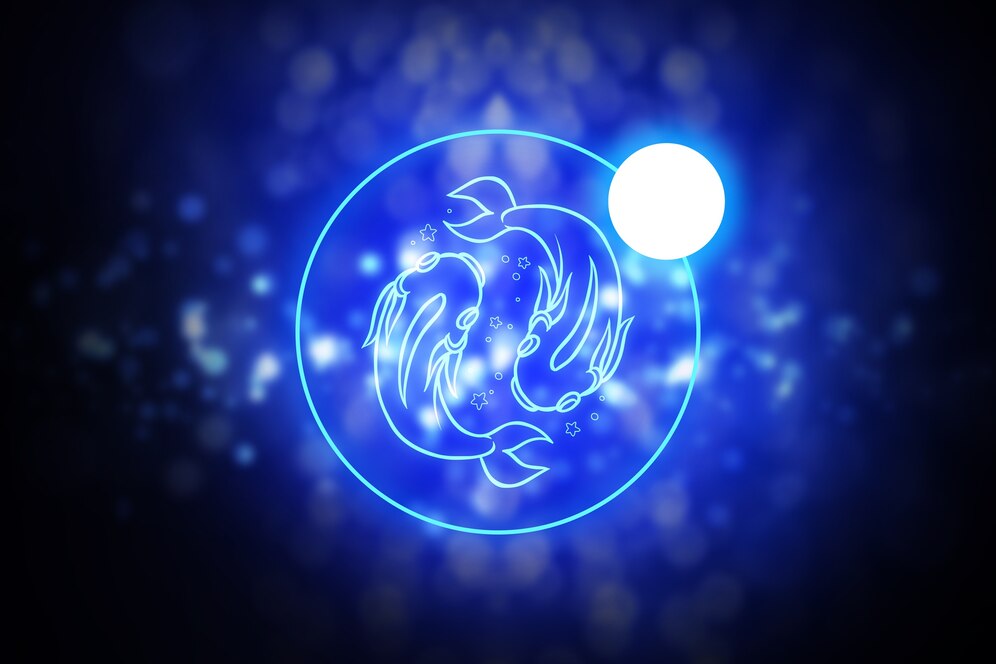 Descoperă totul despre zodia Pești: Trăsături, compatibilități și secrete ascunse 1 Simbol zodiacal Neon Pești, cunoscut sub numele de Pești, cu doi pești în cerc pe un fundal albastru strălucitor.