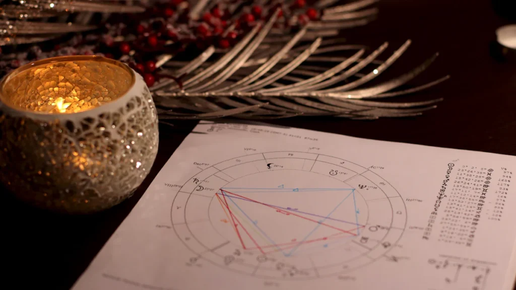 Previziuni astrologice pentru Martie 2025 1 O diagramă astrologică se află lângă o lumânare aprinsă pe o masă împodobită cu crengi de pin și fructe de pădure roșii, creând un decor senin pentru reflecție, care amintește de o ciornă automată care ghidează călătoria cerească.
