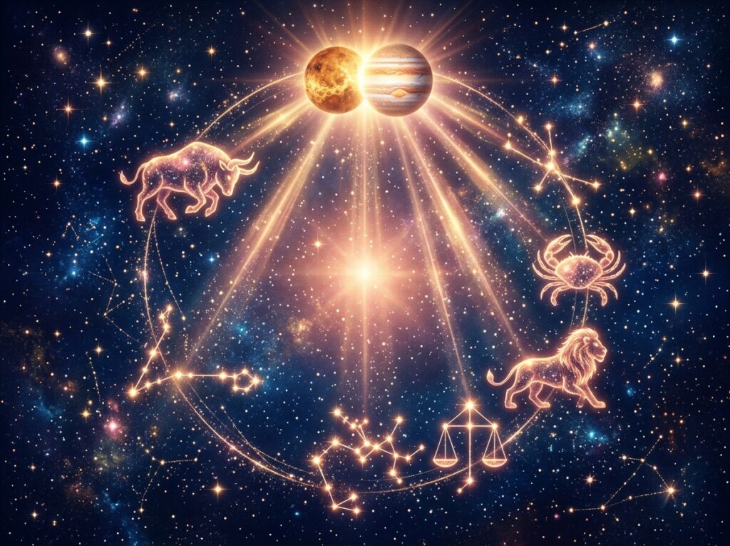 O roată zodiacală strălucitoare în spațiu prezintă simboluri iluminate ale Taurului, Cancerului, Leului și Balanței, cu soarele, luna și Jupiter radiind lumină în centru, înconjurate de stele și constelații vibrante.