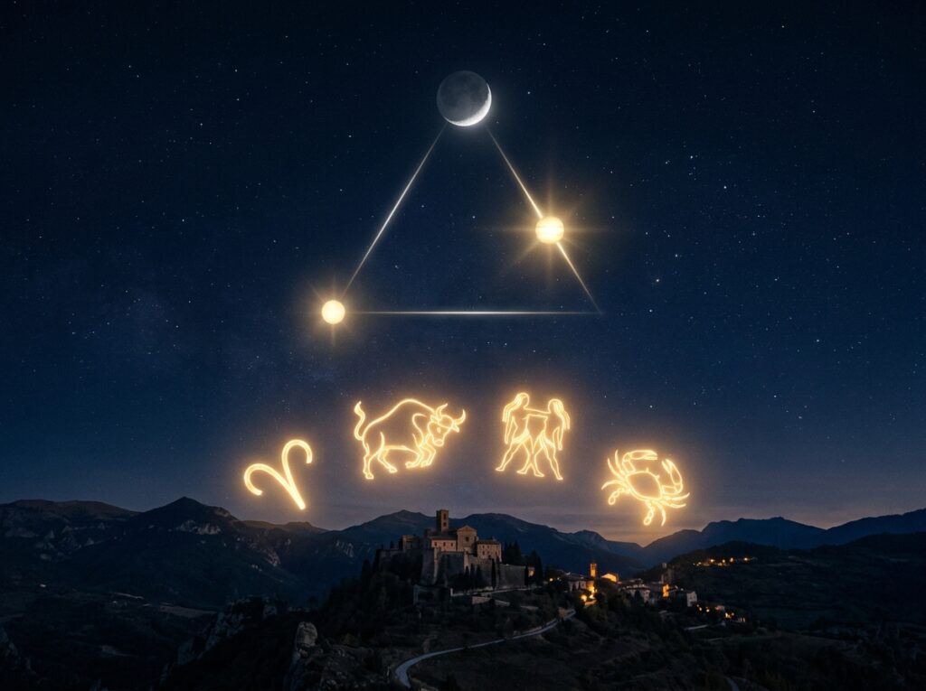Cerul nocturn deasupra unui sat este presărat cu simboluri astrologice strălucitoare — Berbec, Taur, Gemeni și Rac — și un triunghi care leagă Luna de două stele strălucitoare. Peisajul de dedesubt este slab luminat, sub acest spectacol celest.