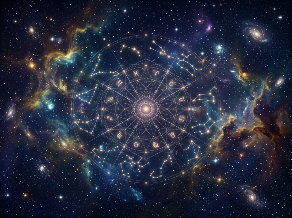 O roată zodiacală strălucitoare, cu simboluri ale constelațiilor, este suprapusă pe un fundal vibrant de galaxie plină de stele, cu nebuloase colorate și galaxii îndepărtate.