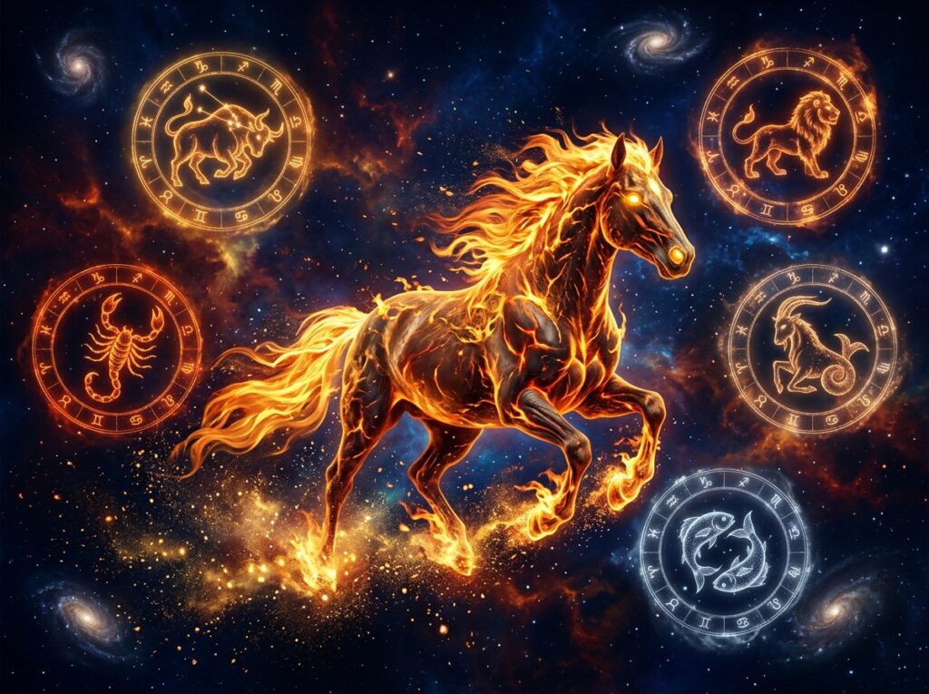 Un cal incandescent și înflăcărat aleargă printr-o scenă cosmică cu stele și galaxii. În jurul său sunt cinci simboluri zodiacale: Taur, Leu, Scorpion, Capricorn și Pești, fiecare reprezentat într-un design circular radiant.