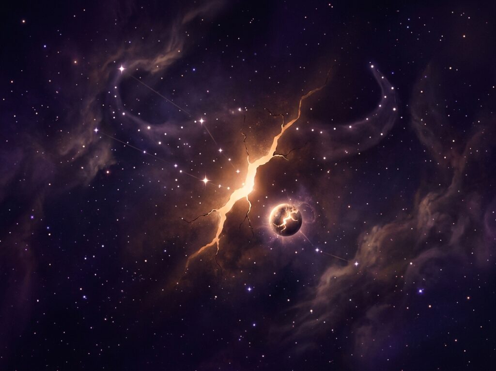 O fisură cosmică strălucitoare străbate un spațiu întunecat, presărat cu stele, luminând norii care se învârt. Stelele strălucitoare conturează capul și coarnele unui taur deasupra unei mici sfere strălucitoare, asemănătoare unei planete.