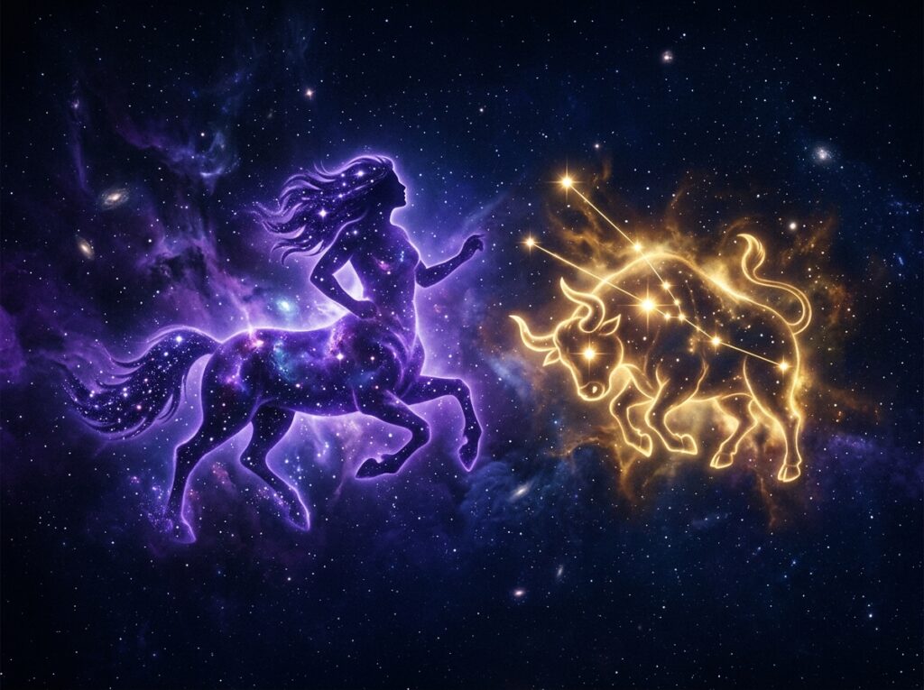 O constelație strălucitoare formată dintr-un centaur și un taur, conturată de o lumină violetă și aurie, se profilează pe fundalul unui cer nocturn înstelat, presărat cu nori cosmici care se învârt.