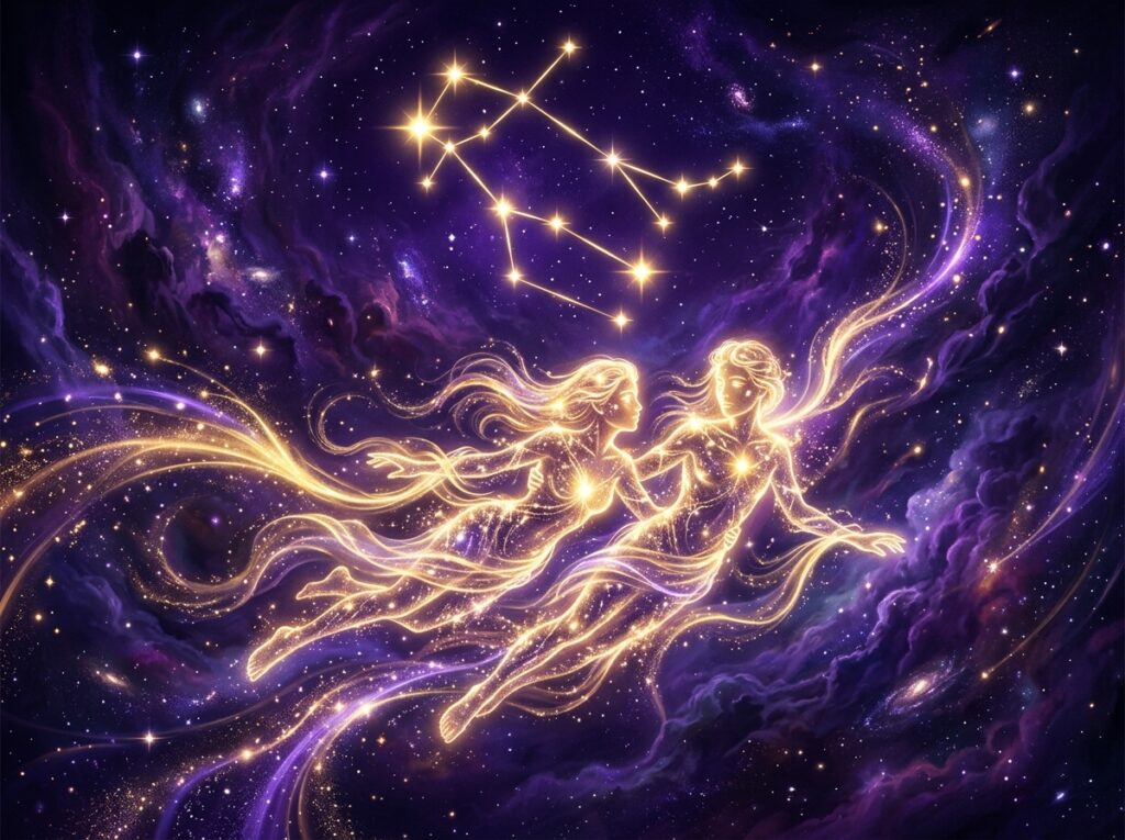 Două siluete strălucitoare și eterice, reprezentând gemeni, plutesc pe un cer cosmic, plin de stele, în nuanțe de violet și auriu. Deasupra lor, stele aurii formează constelația Gemeni, în mijlocul unor nori nebuloși care se învârt.