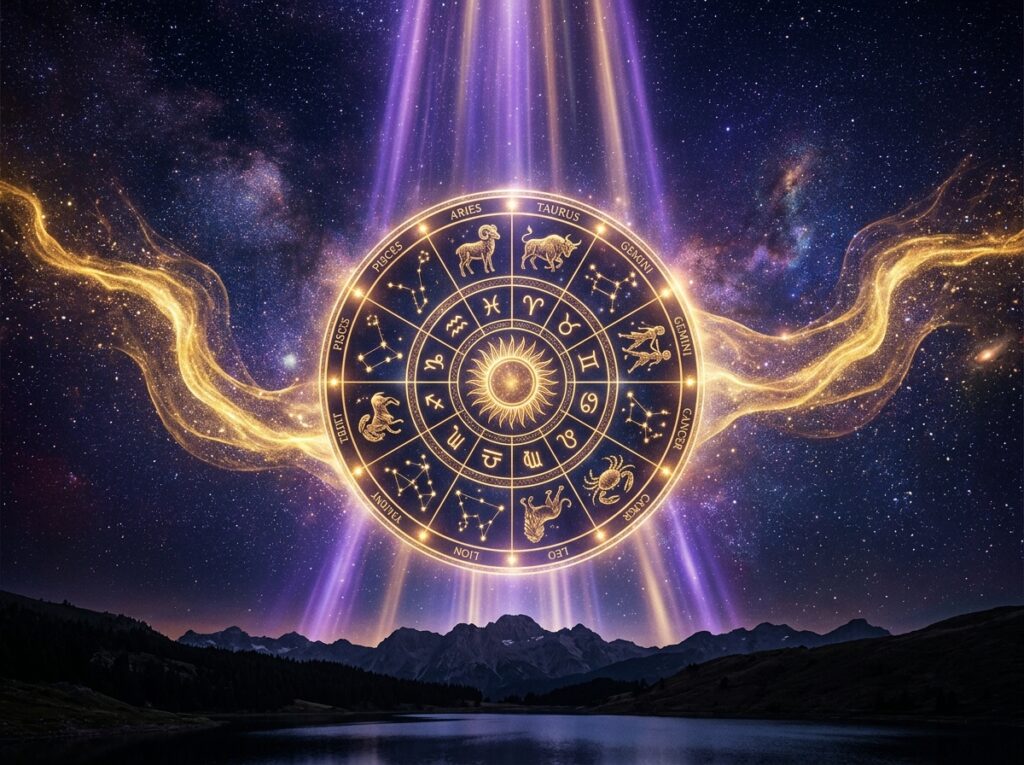 O roată zodiacală strălucitoare cu simboluri astrologice aurii radiază lumină peste un peisaj montan pe timp de noapte, cu un cer înstelat și raze de purpuriu și auriu care ies din roată.