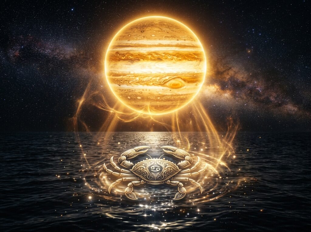Un crab strălucitor și ornamentat stă pe apa întunecată a oceanului sub un cer înstelat, luminat de o planetă aurie strălucitoare deasupra, cu o lumină eterică care leagă planeta și crabul.