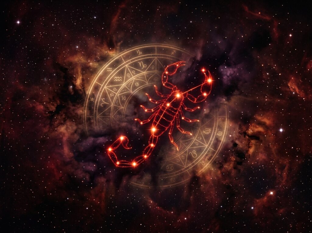 O constelație a Scorpionului, de un roșu strălucitor, este înconjurată de stele și nebuloase care se învârt, iar în fundal se zărește vag roata zodiacală. Scena îmbină imagini cosmice și astrologice.