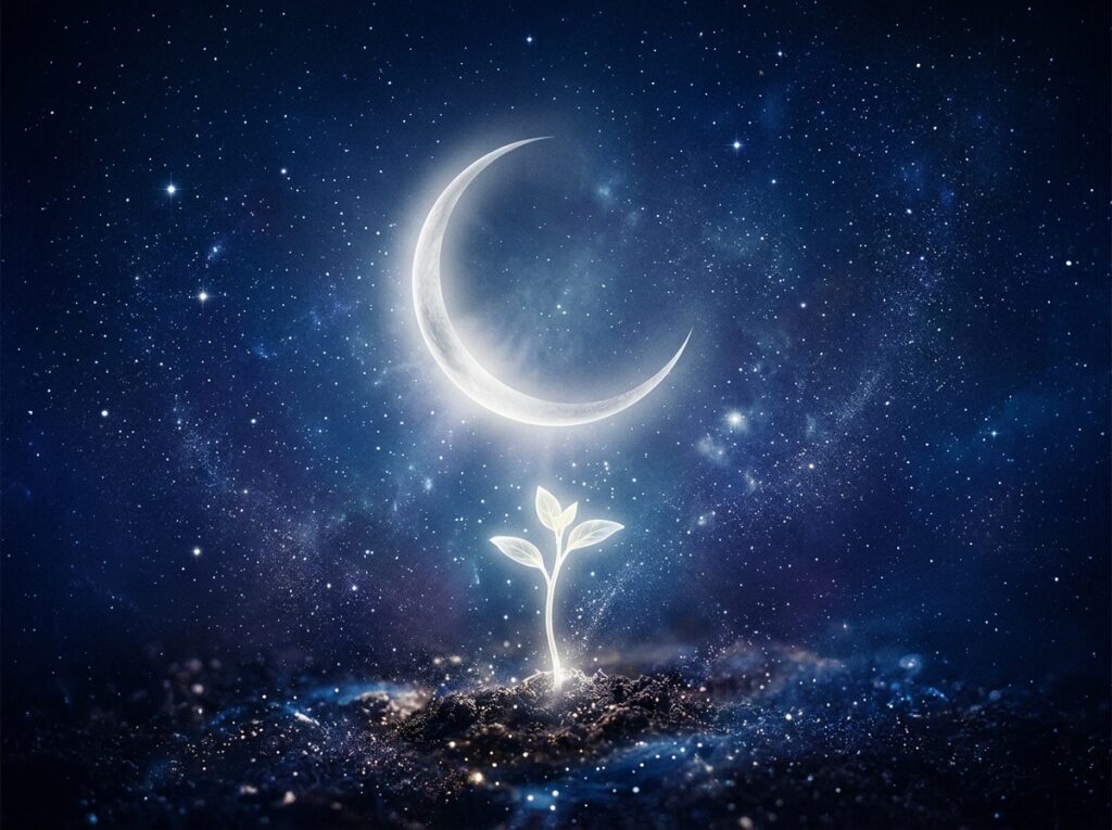 O semilună strălucitoare luminează cerul înstelat al nopții, deasupra unei plante mici și luminoase care răsare din pământ, creând o atmosferă magică, de vis.