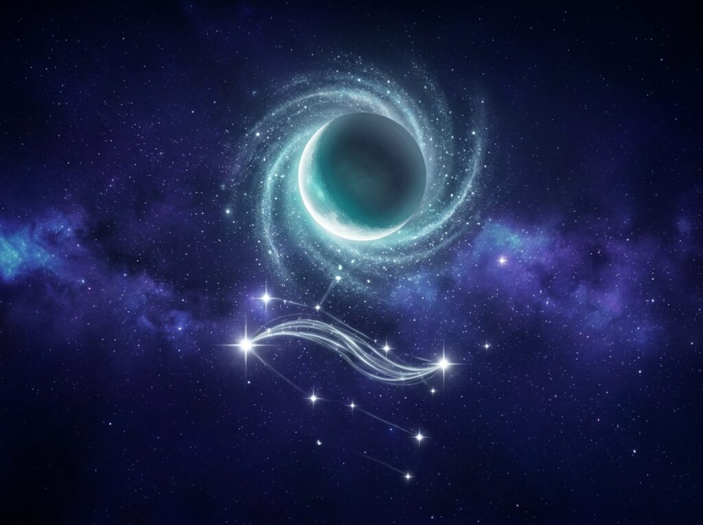 O planetă strălucitoare cu inele învolburate plutește într-o galaxie purpurie înstelată, în timp ce o constelație de stele strălucitoare și conectate strălucește mai jos, înconjurată de nori cosmici cețoși.