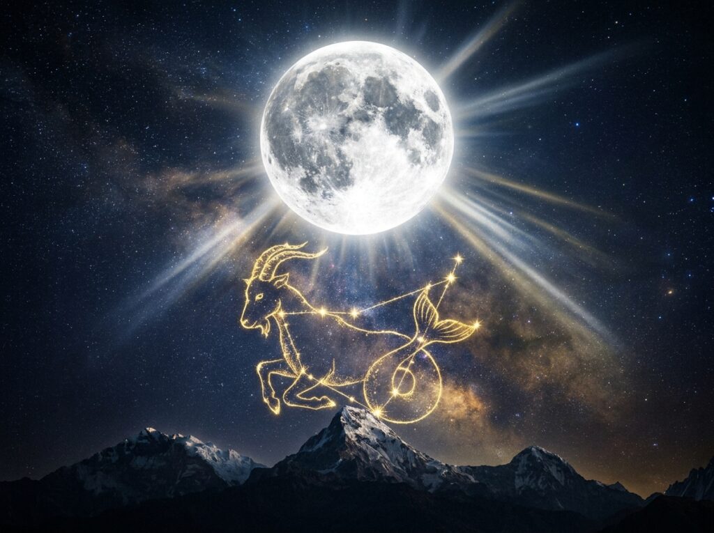 O lună plină strălucitoare strălucește noaptea deasupra munților înzăpeziți, iar constelația zodiacală Capricorn, în formă de capră cu coadă de pește, este iluminată în linii aurii pe cer, sub lună.