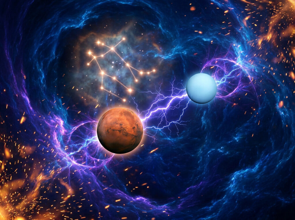 O ilustrație digitală reprezentând două planete înconjurate de un vârtej de energie albastră și violetă, legate între ele de fulgere și înconjurate de particule înflăcărate. În fundal, stelele strălucitoare formează o constelație.