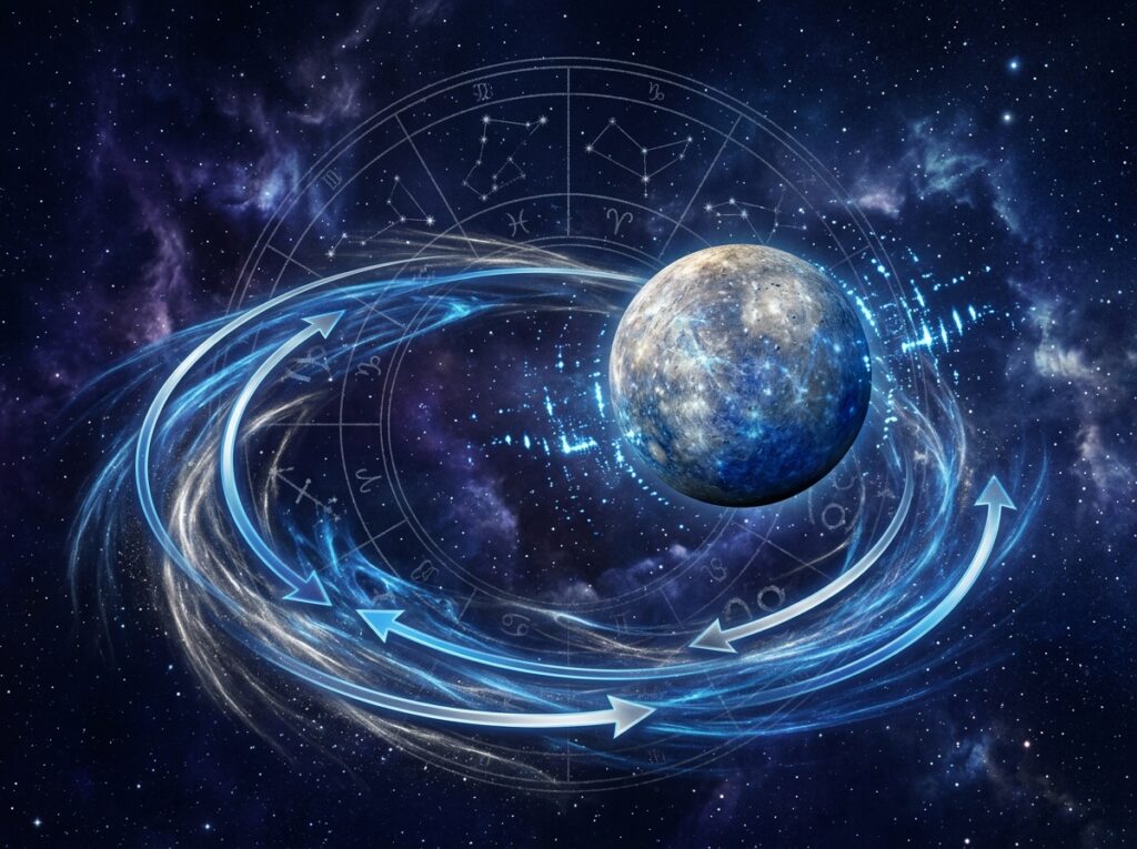 O planetă din spațiu este înconjurată de săgeți și volute albastre, cu simboluri zodiacale ușor vizibile în fundal, creând o temă cosmică și astrologică.