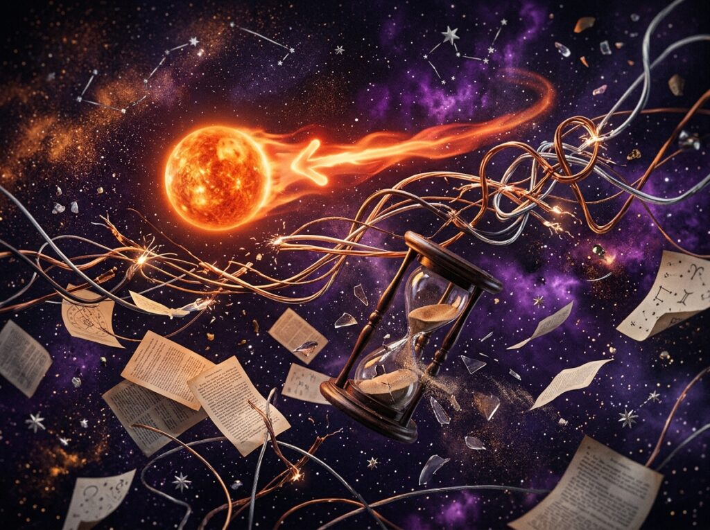 O cometă strălucitoare străbate un peisaj spațial plin de viață, presărat cu pagini plutitoare, cărți, fire încâlcite și o clepsidră, totul înconjurat de praf cosmic și constelații pe un fundal violet.