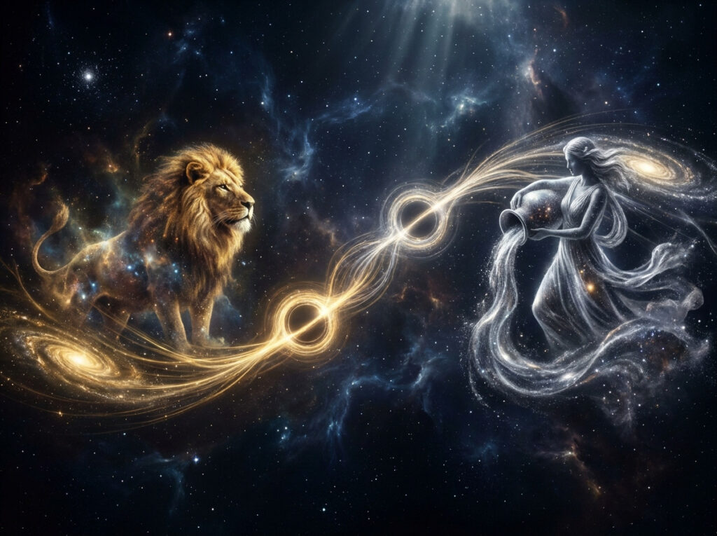 Un leu strălucitor și o femeie celestă care toarnă apă se privesc unul pe celălalt într-o scenă cosmică, înconjurați de stele și galaxii care se învârt, simbolizând semnele zodiacale Leu și Vărsător.