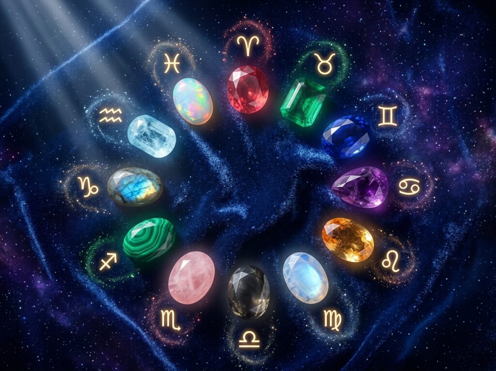 Un cerc format din douăsprezece pietre prețioase, fiecare asociată cu un simbol zodiacal strălucitor, dispuse pe un fundal albastru intens, presărat cu stele, din care răsar raze de lumină din colțul din stânga sus.