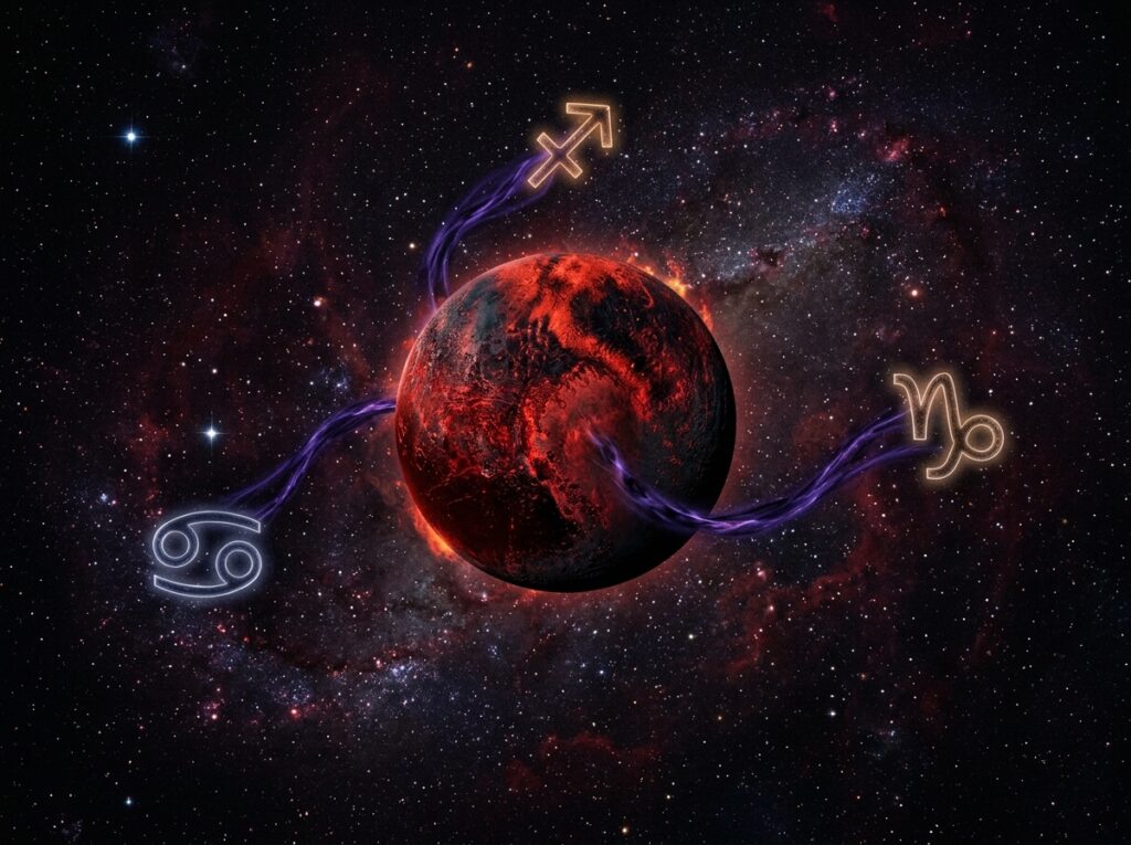 O planetă roșie, strălucitoare, în spațiu, cu fluxuri de energie purpurie care se conectează la simbolurile zodiacale Rac, Săgetător și Capricorn, pe un fundal de galaxie înstelată.