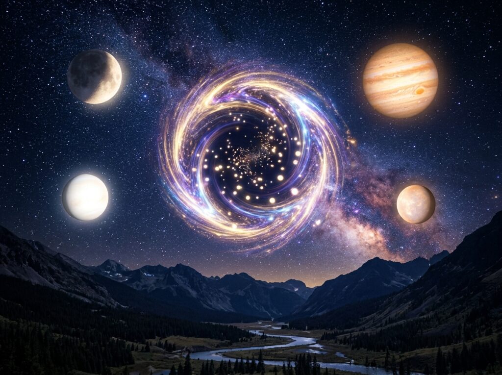 Un cer nocturn suprarealist deasupra munților prezintă o galaxie spirală strălucitoare, înconjurată de patru planete mari și stele, cu un râu care șerpuiește prin valea întunecată de dedesubt.