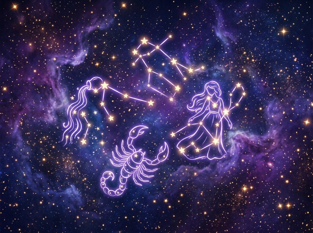 O scenă stelară din galaxie prezintă contururile strălucitoare ale constelațiilor: o femeie care toarnă apă (Vărsătorul), o femeie care ține grâu în mână (Fecioara), un scorpion (Scorpionul) și constelația Gemenilor, pe fundalul unui cer nocturn de culoare violet.