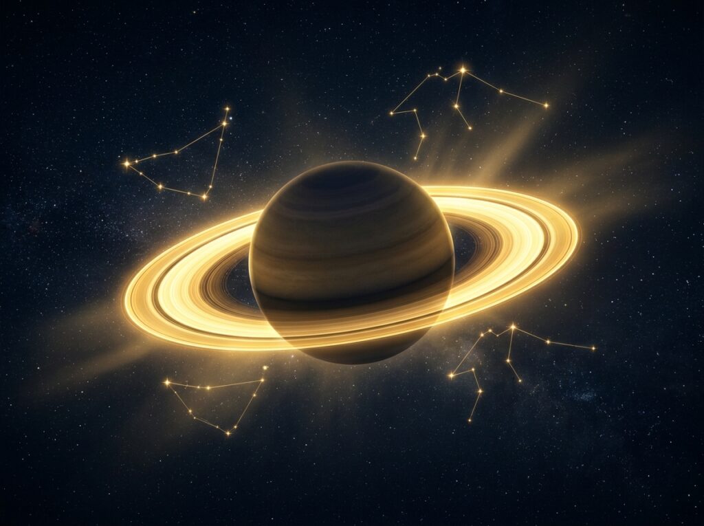 O planetă strălucitoare, cu inele largi și luminoase, plutește în spațiu. Mai multe constelații iluminate înconjoară planeta pe un fundal întunecat și înstelat.