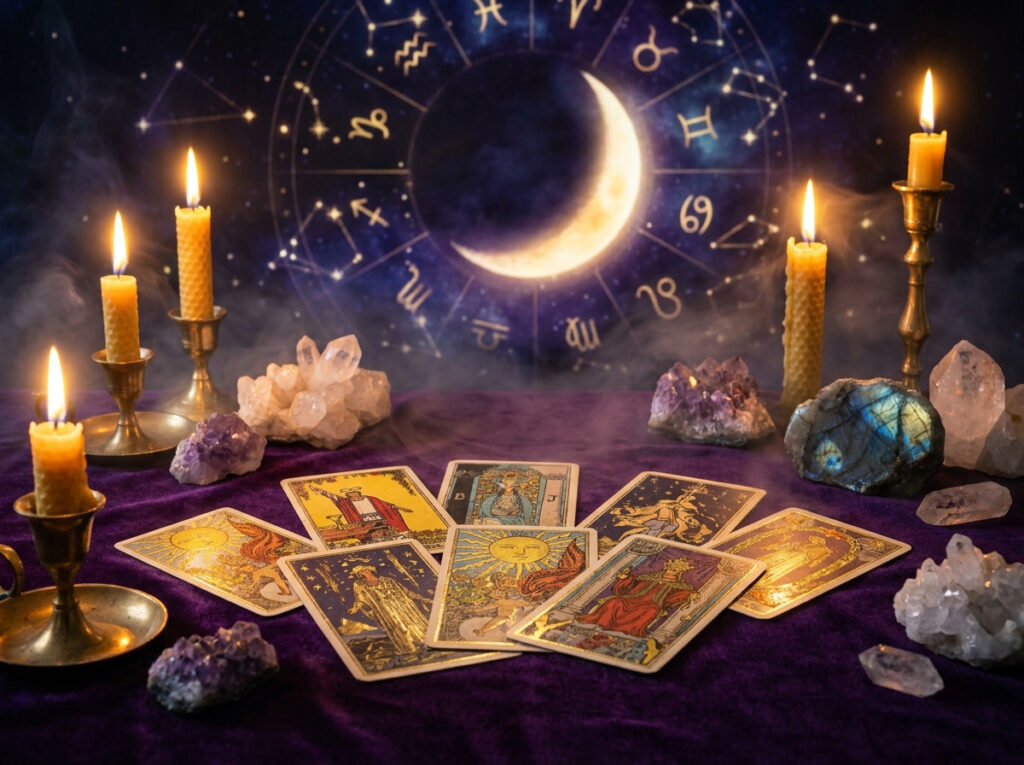 Un pachet de cărți de tarot este așezat pe o pânză violetă, înconjurat de cristale și lumânări aprinse. În fundal se disting o roată zodiacală și o semilună, creând o atmosferă mistică și magică.