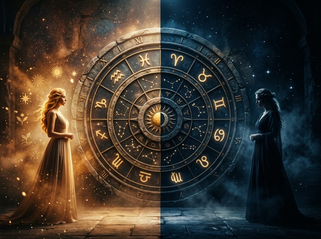 O roată zodiacală strălucitoare se află între două femei - una în lumină aurie și una în umbră albastră - simbolizând ziua și noaptea, cu simboluri astrologice și elemente cosmice în jurul lor.