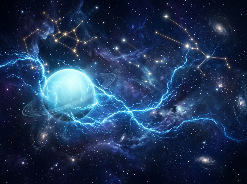 O planetă albastră strălucitoare, cu inele abia vizibile, plutește într-o galaxie plină de viață, înconjurată de energie albastră care se învârte, de galaxii îndepărtate și de constelații de stele conturate cu linii aurii.