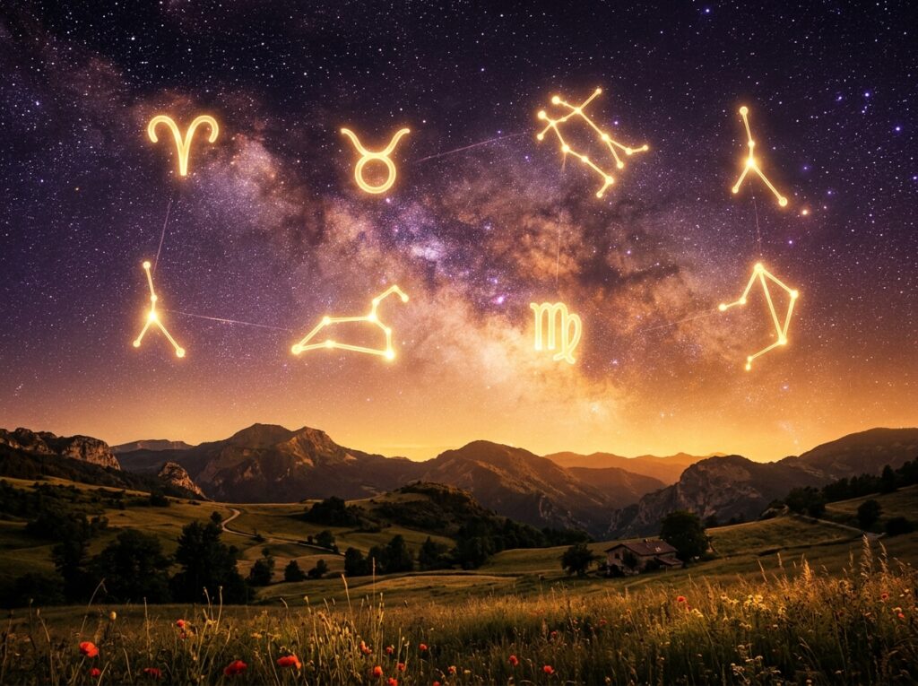 Un cer înstelat de noapte cu simboluri strălucitoare ale constelațiilor zodiacale, inclusiv Berbec, Taur, Gemeni, Fecioară și altele, deasupra unui peisaj montan la apus de soare cu flori sălbatice și dealuri.
