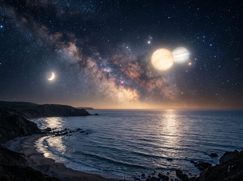 O lună crescentă și două planete mari apar pe un cer nocturn plin de stele, deasupra unui peisaj de coastă cu o plajă de nisip și valuri blânde, sub Calea Lactee.