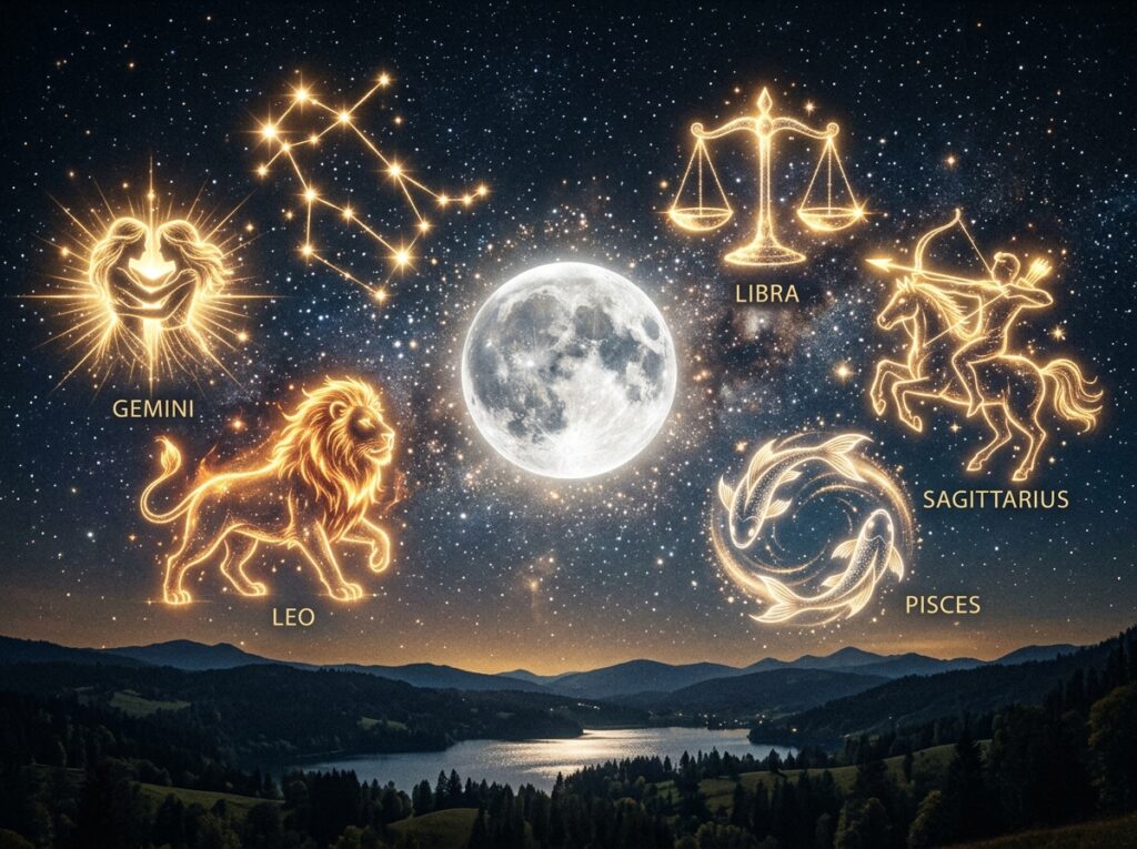 O lună plină strălucitoare strălucește deasupra unui peisaj pitoresc, înconjurată de simboluri zodiacale strălucitoare pentru Gemeni, Leu, Balanță, Săgetător și Pești, fiecare etichetat și ilustrat cu stele.