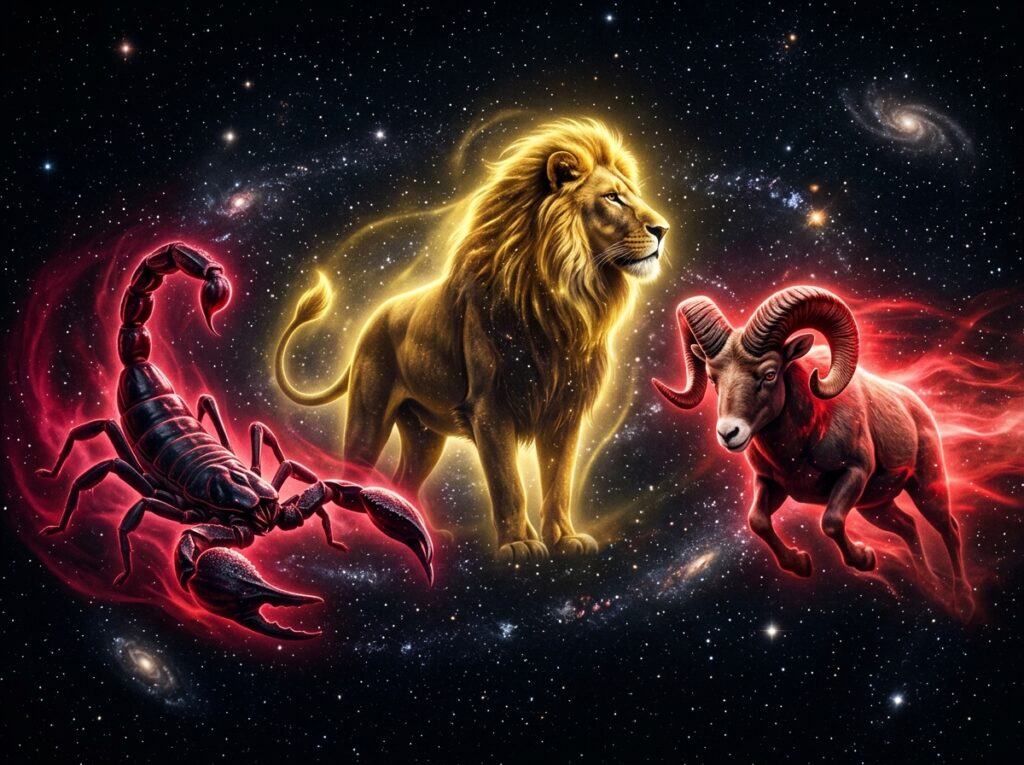 Un leu strălucitor, un scorpion roșu și un berbec roșu stau pe un fundal de galaxie înstelată, reprezentând semnele zodiacale Leu, Scorpion și Berbec.