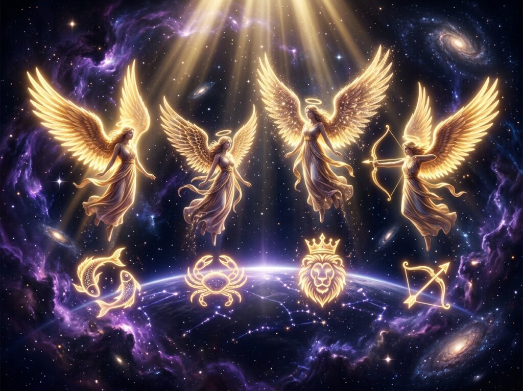 Patru îngeri strălucitori, înaripați, plutesc deasupra Pământului în spațiu, iluminați de o lumină aurie. Sub ei sunt simboluri zodiacale pentru Pești, Rac, Leu și Săgetător, cu galaxii și stele în fundal cosmic.