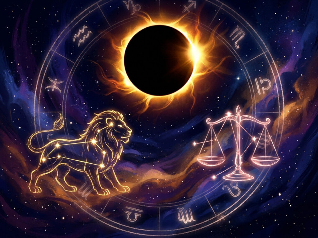 O eclipsă solară strălucește în spațiul înstelat, înconjurată de semnele zodiacale. Ilustrațiile unui leu și ale unei balanțe reprezintă Leul și Balanța în cadrul desenului circular al zodiacului.