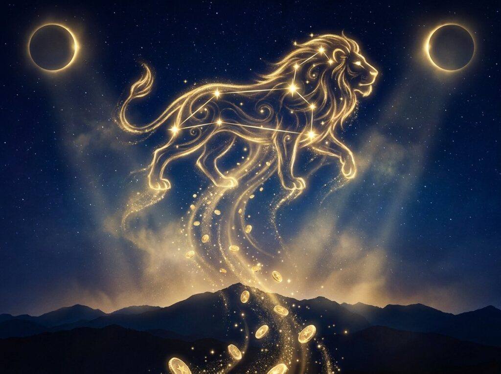 Un leu strălucitor, de o frumusețe celestă, alcătuit din lumină, sare noaptea deasupra munților, flancat de două semilune. Monede sclipitoare și stele îi urmează în urma, luminând cerul întunecat.