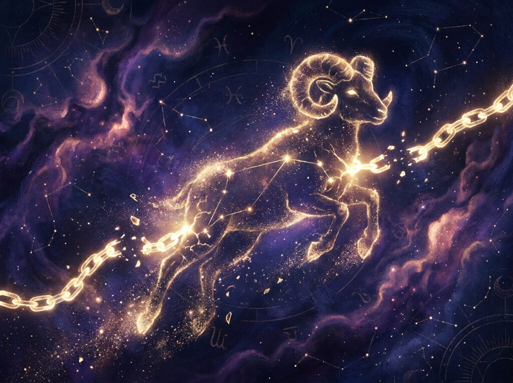 Un berbec strălucitor, alcătuit din stele aurii, se eliberează din lanțuri într-o galaxie cosmică, de culoare violetă, plină de constelații zodiacale.