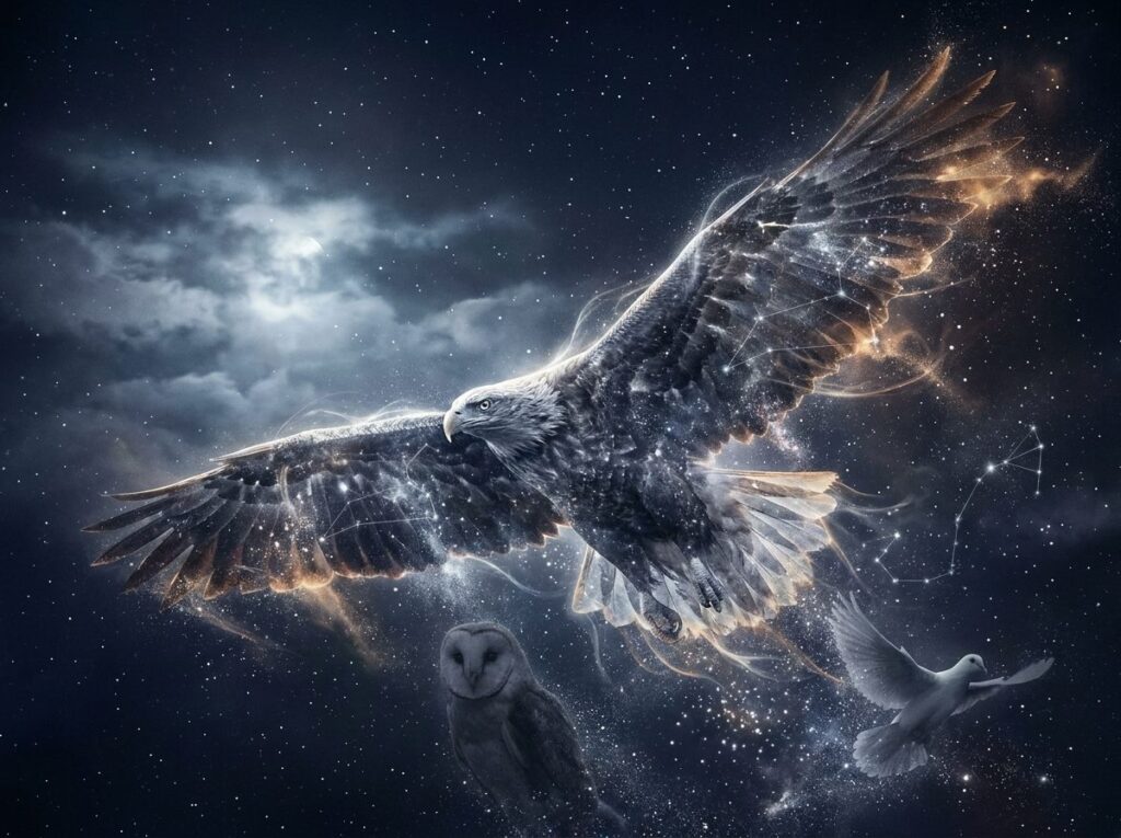 Un vultur maiestuos zboară pe cerul înstelat al nopții, înconjurat de o lumină strălucitoare și mistică, iar în această scenă cosmică se mai disting o bufniță de hambar și un porumbel alb.