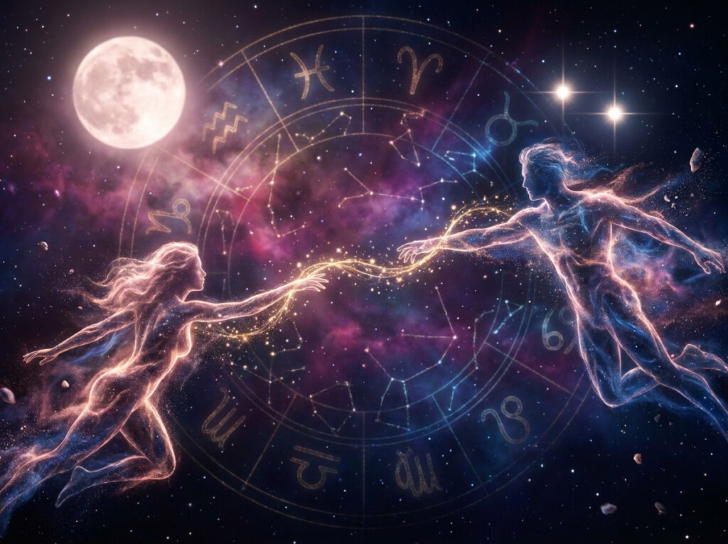 Două siluete eterice se întind una spre cealaltă în spațiu, cu o energie strălucitoare între mâini. O lună plină, semne zodiacale și un fundal cosmic plin de viață le înconjoară, simbolizând astrologia și legătura cosmică.