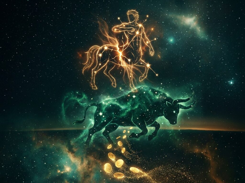 Un desen strălucitor al constelației Săgetătorului țintește cu arcul deasupra unui taur cosmic verde, care seamănă cu constelația Taurului. Monede de aur plutesc sub ei, în mijlocul stelelor care se învârt în spațiul îndepărtat.