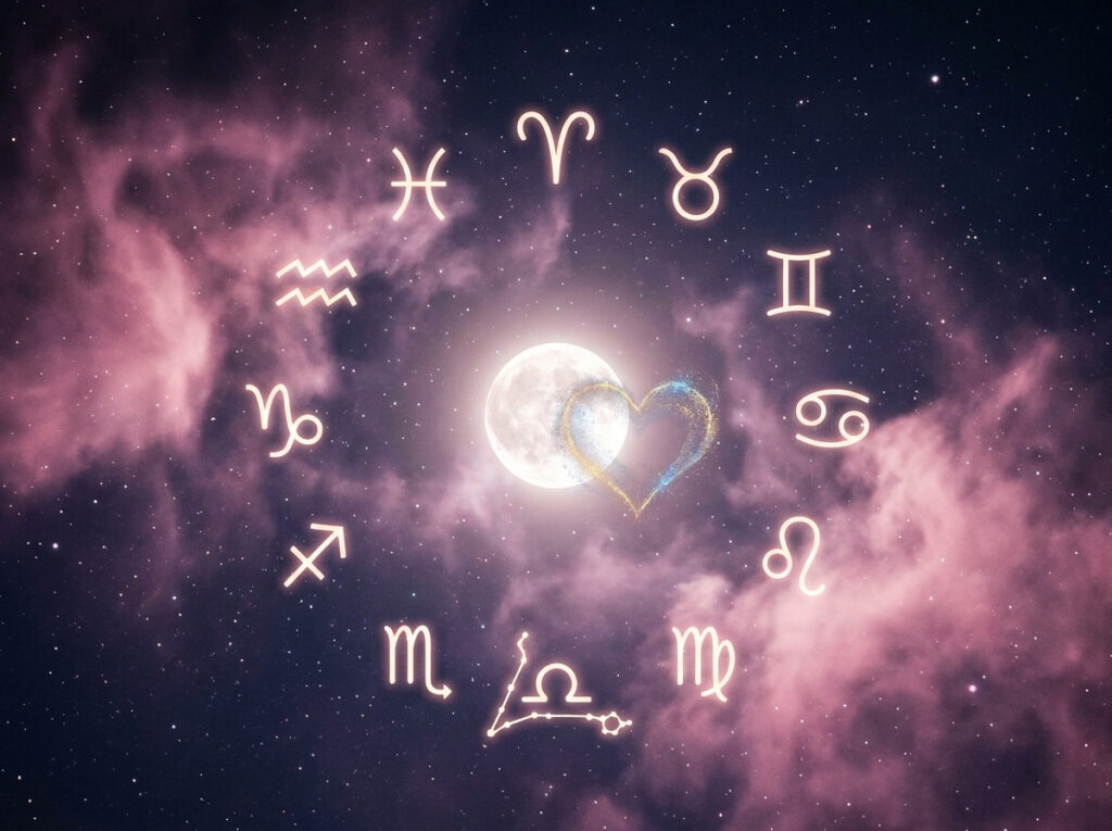 O lună plină strălucitoare, înconjurată de simboluri zodiacale și de o inimă sclipitoare în centru, cu nori roz și mov care umplu cerul nopții.