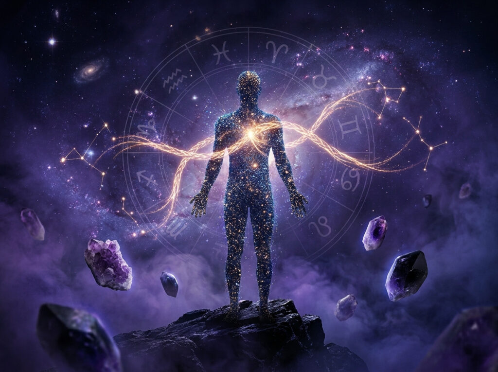 O siluetă umană cosmică stă pe stânci, înconjurată de cristale plutitoare și linii strălucitoare, pe fundalul unei roți zodiacale, într-o scenă spațială mistică și înstelată.