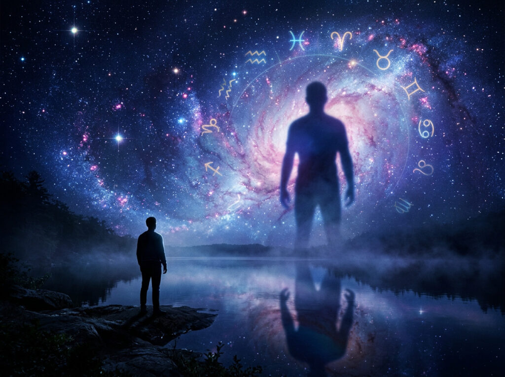 O persoană stă lângă un lac învăluit în ceață, noaptea, privind o figură cosmică uriașă și semnele zodiacale care se învârt pe cerul galaxiei, plin de stele.