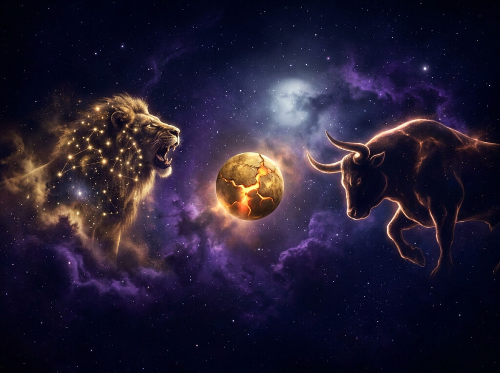 Un leu strălucitor și un taur se privesc unul pe celălalt în spațiu, cu o planetă crăpată și strălucitoare între ei, iar în fundal se văd nori purpurii care se învârt și stele.