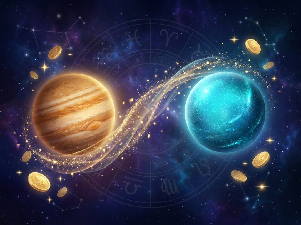 Două planete, una portocalie și una albastră, sunt legate printr-un simbol al infinitului strălucitor, iar între ele se învârt monede de aur. Semnele zodiacale și constelațiile se disting vag pe fundalul violet înstelat.