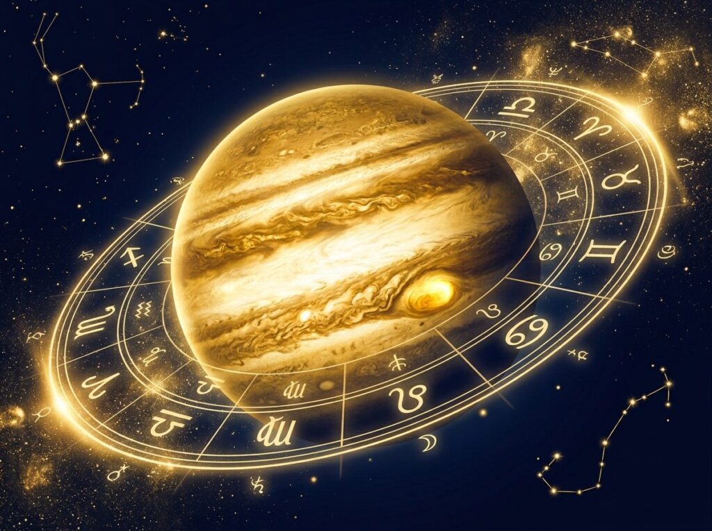O planetă strălucitoare, cu benzi învolburate și o furtună impunătoare, este înconjurată de o roată zodiacală luminoasă, pe fundalul unui cer înstelat în care se disting constelațiile.