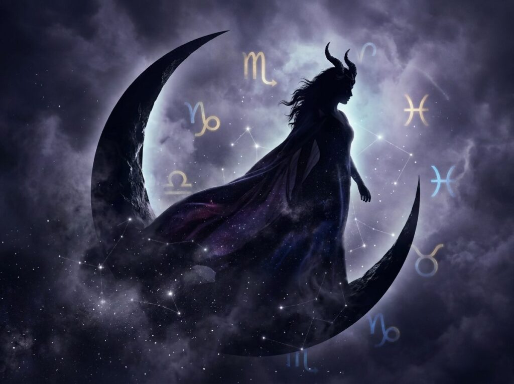 O siluetă de femeie cu coarne stă pe o lună în formă de semilună, înconjurată de simboluri zodiacale strălucitoare, pe fundalul unui cer nocturn înnorat și plin de stele.