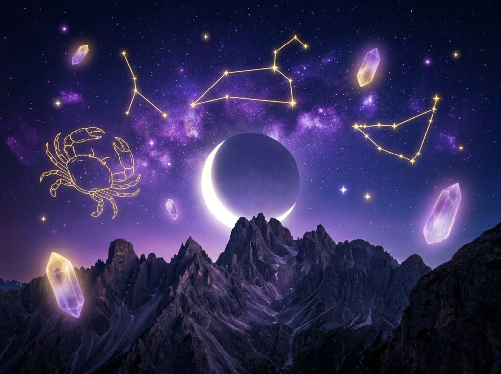 O lună în formă de semilună deasupra vârfurilor munților, cu cristale strălucitoare, constelații zodiacale și o ilustrație reprezentând un crab, pe un cer nocturn violet, presărat cu stele.