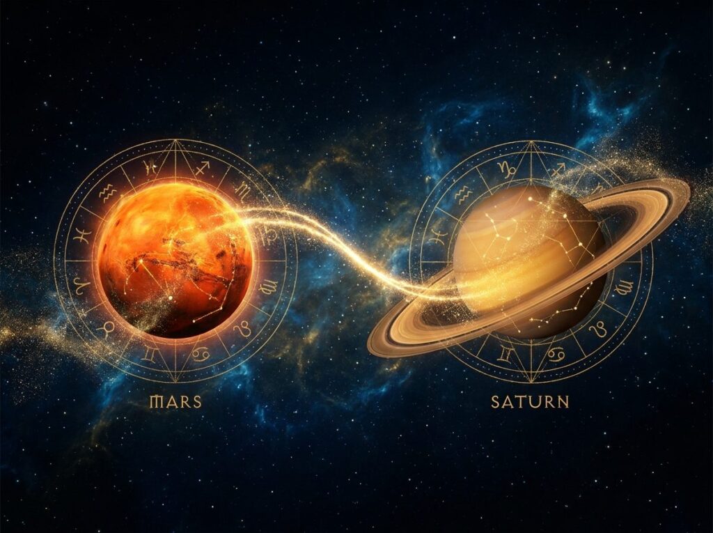Două planete, Marte și Saturn, sunt legate printr-un arc energetic strălucitor. Simboluri astrologice și semne zodiacale înconjoară fiecare planetă, pe un fundal cosmic înstelat.
